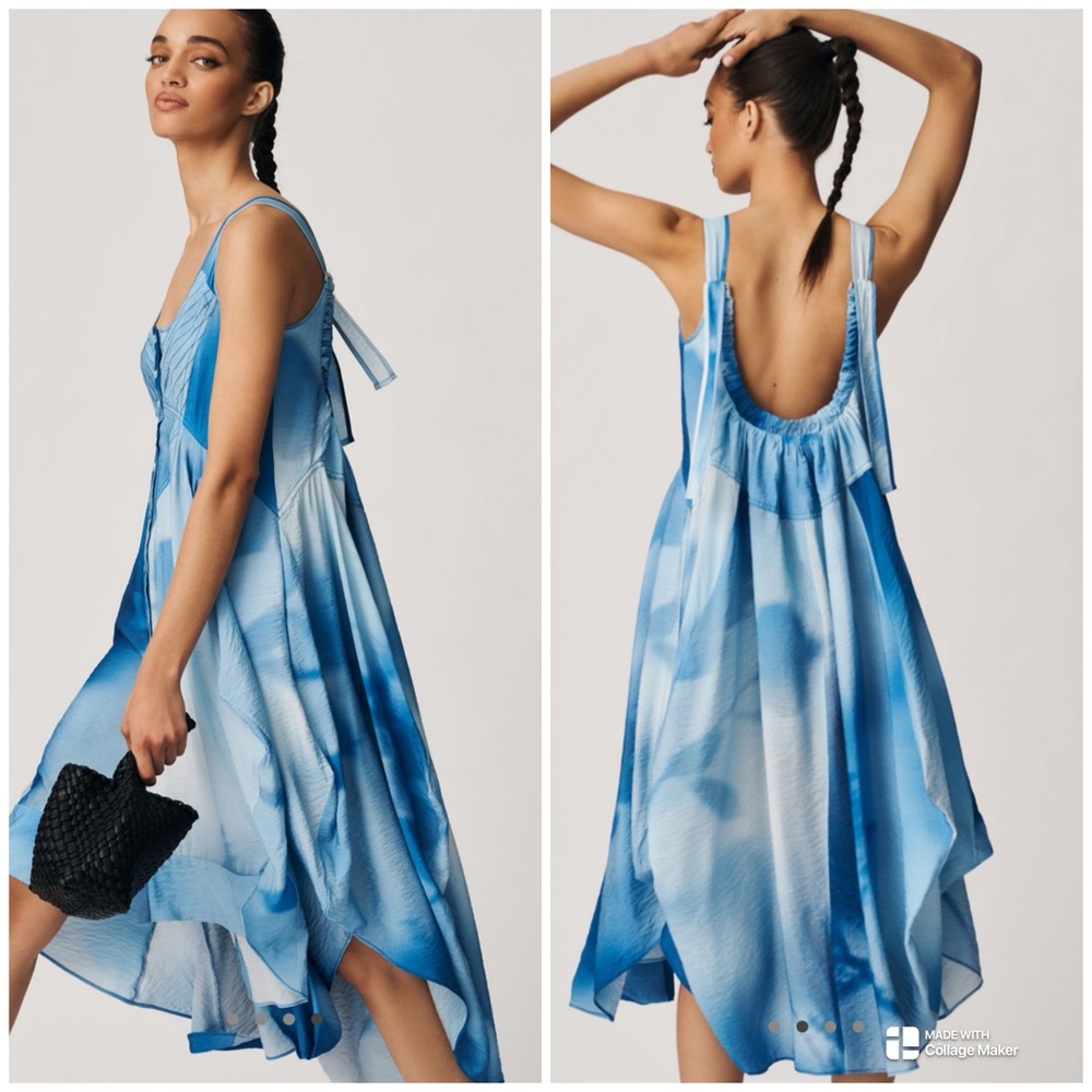 Anthropologie Blue Printed Parachute Midi Dress New Size Small Oversized